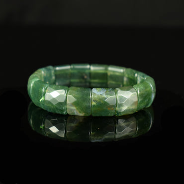 Bracelet Agate mousse naturelle du Brésil AAA grands perles facettées 15mm x 13mm  - Optimisme - Ouverture - Connexion au naturel