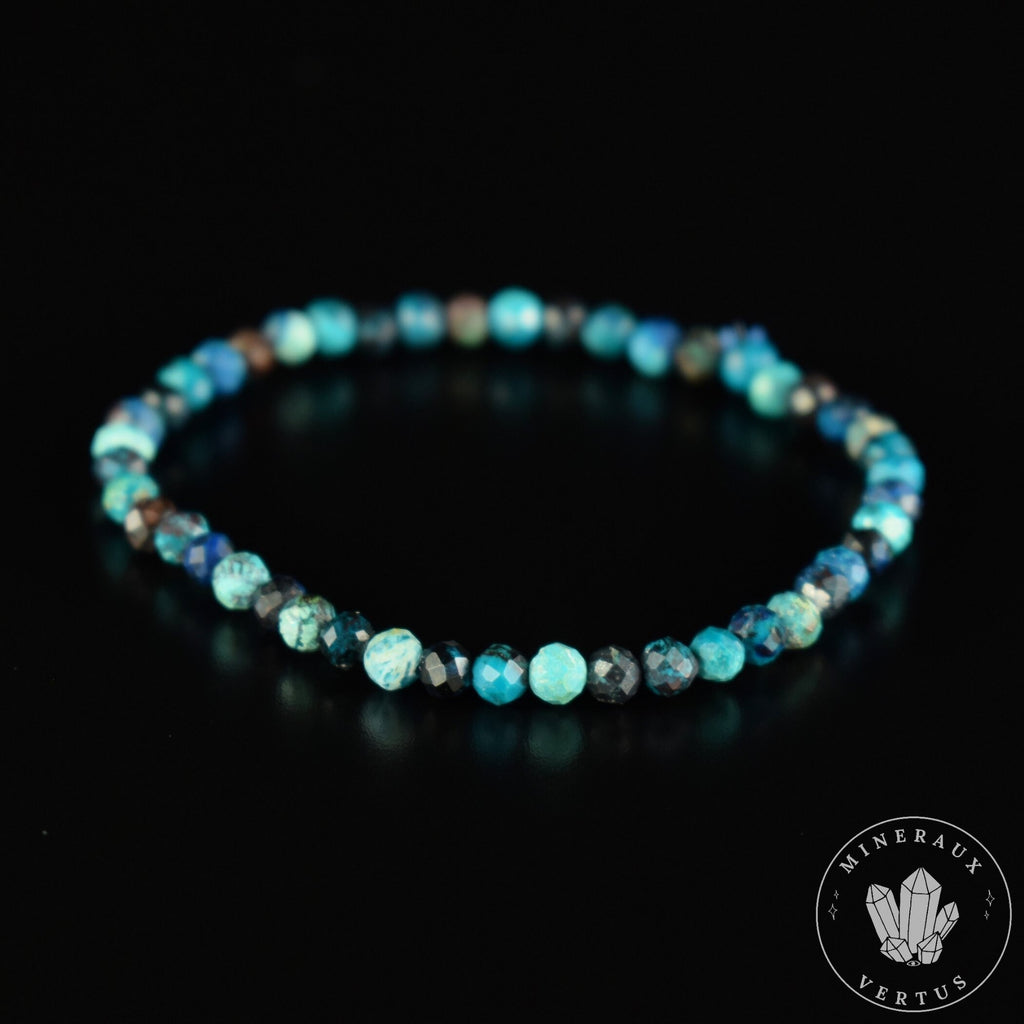 Bracelet Chrysocolle Foncée AA perles rondes facettées 4mm, Communication - Relaxation - Absorption