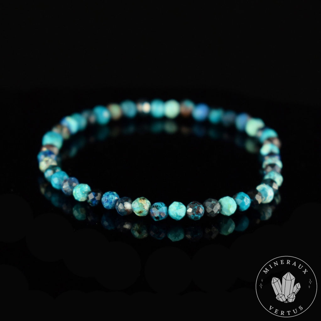 Bracelet Chrysocolle Foncée AA perles rondes facettées 4mm, Communication - Relaxation - Absorption