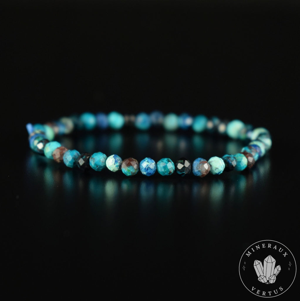 Bracelet Chrysocolle Foncée AA perles rondes facettées 4mm, Communication - Relaxation - Absorption