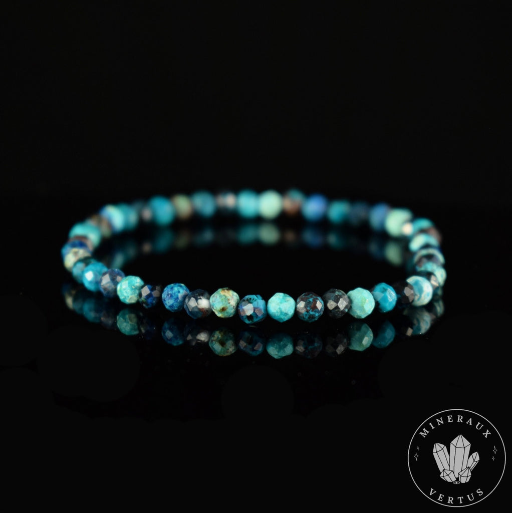 Bracelet Chrysocolle Foncée AA perles rondes facettées 4mm, Communication - Relaxation - Absorption