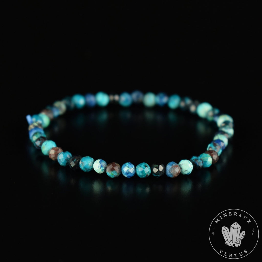 Bracelet Chrysocolle Foncée AA perles rondes facettées 4mm, Communication - Relaxation - Absorption
