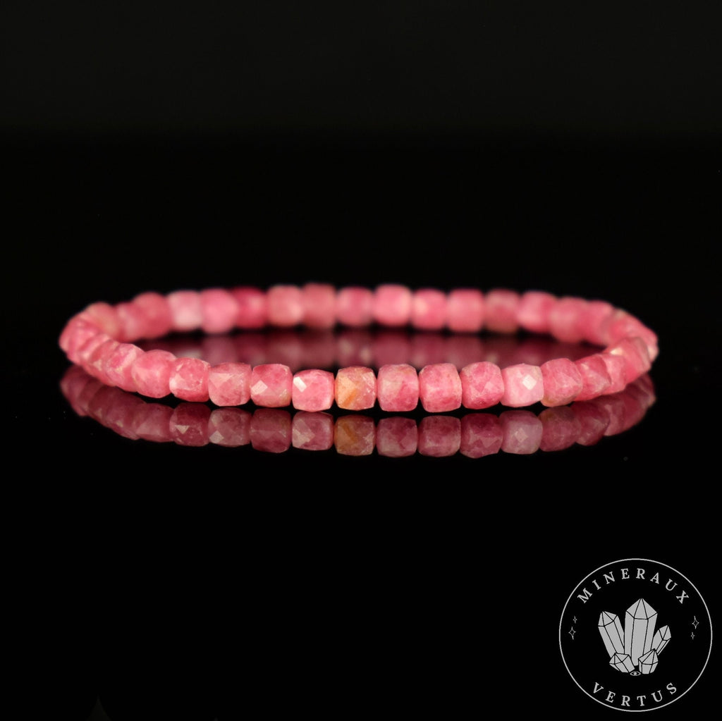 Bracelet Rhodonite 4mm perles carrées facettées AAA - Passion - Motivation - Communication