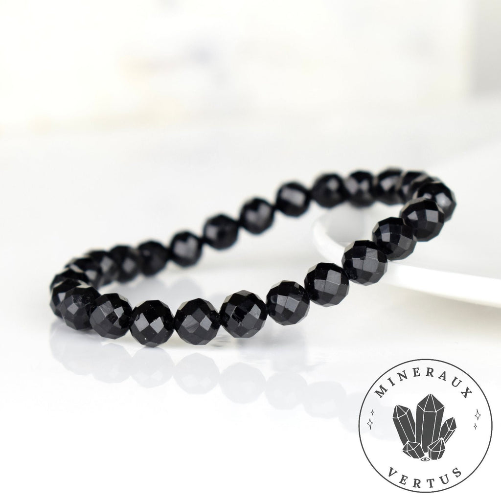 Bracelet Tourmaline noire perles 8mm rondes facettées - Ancrage - Protection - Réalignement