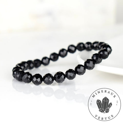 Bracelet Tourmaline noire perles 8mm rondes facettées - Ancrage - Protection - Réalignement