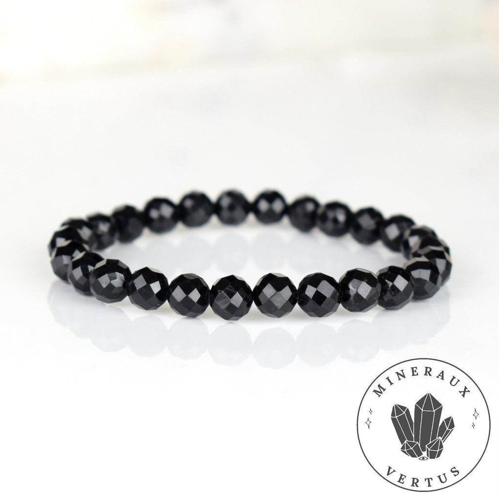 Bracelet Tourmaline noire perles 8mm rondes facettées - Ancrage - Protection - Réalignement