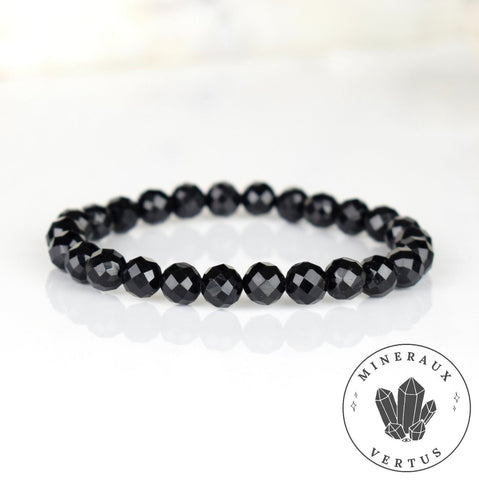 Bracelet Tourmaline noire perles 8mm rondes facettées - Ancrage - Protection - Réalignement