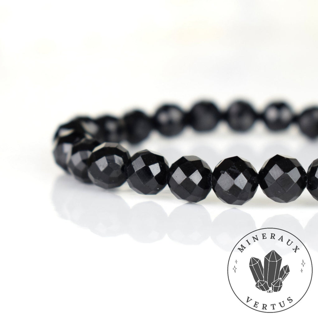 Bracelet Tourmaline noire perles 8mm rondes facettées - Ancrage - Protection - Réalignement