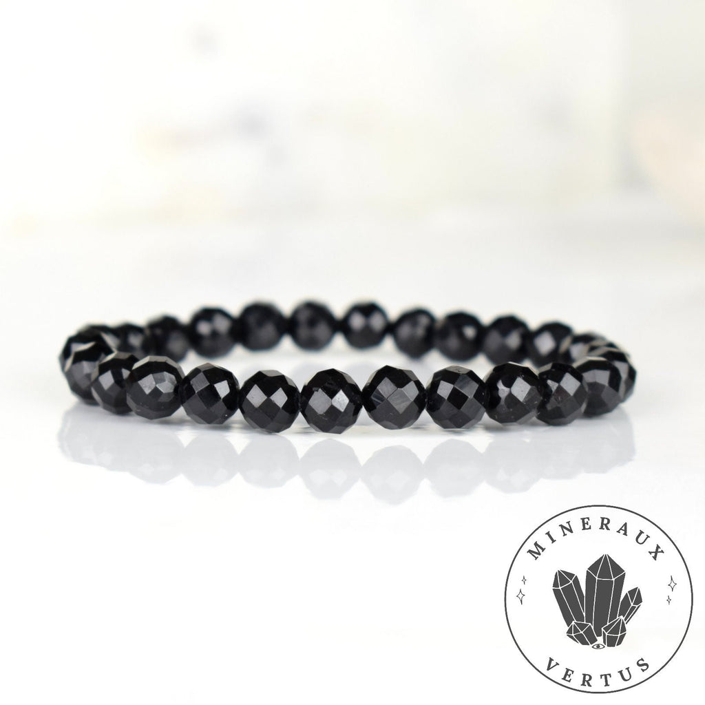 Bracelet Tourmaline noire perles 8mm rondes facettées - Ancrage - Protection - Réalignement