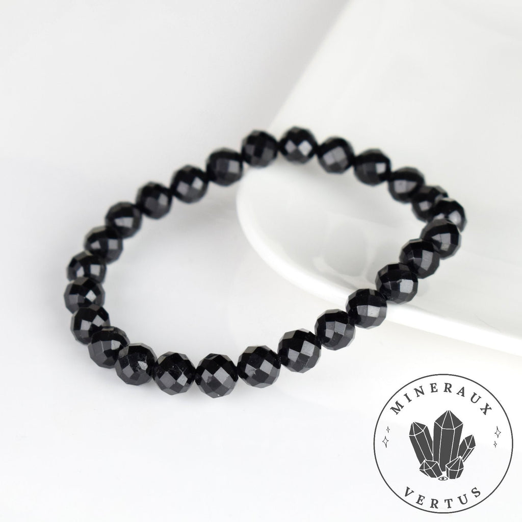 Bracelet Tourmaline noire perles 8mm rondes facettées - Ancrage - Protection - Réalignement