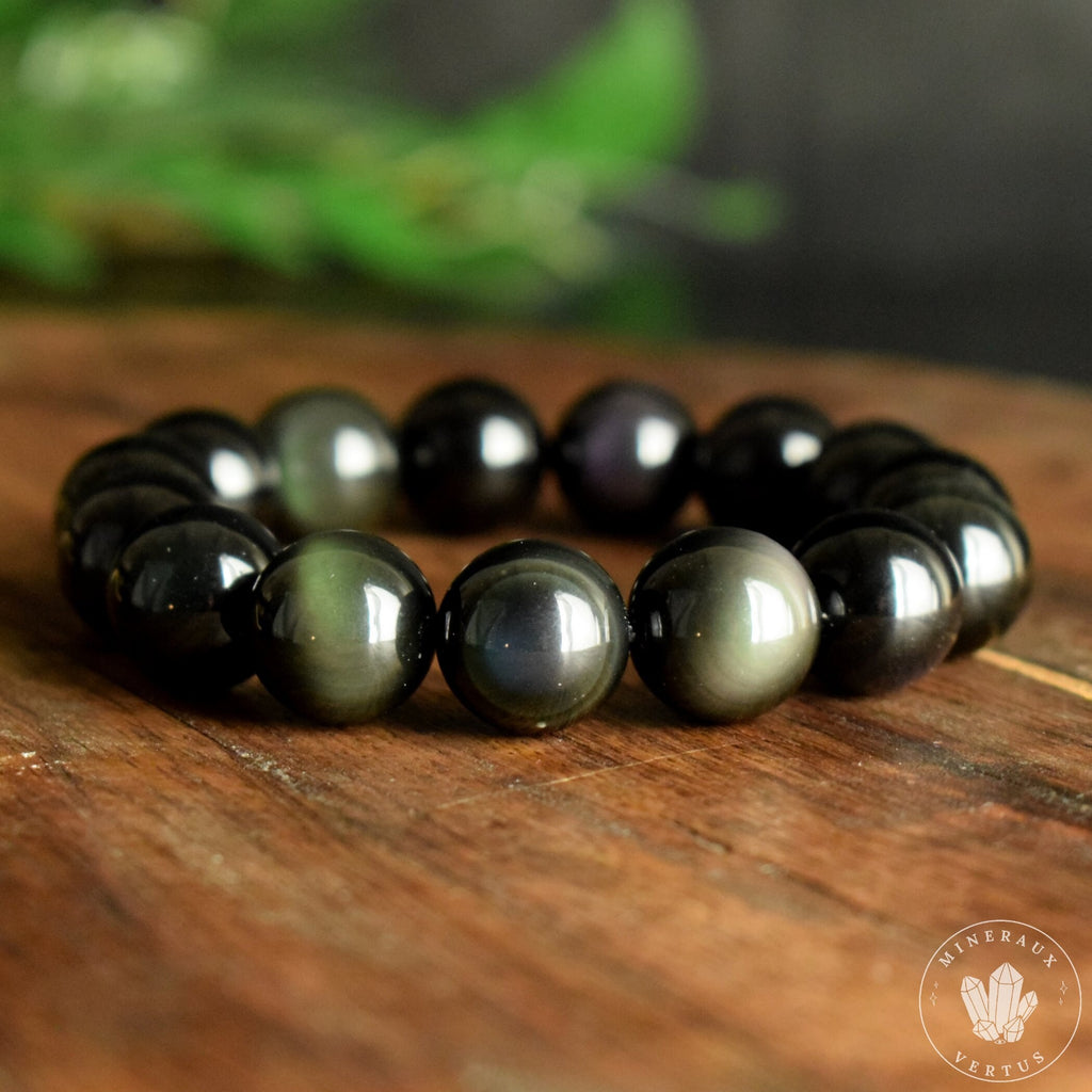 Bracelet Obsidienne Oeil Céleste 14mm perles rondes naturelles grade AAA, Clairvoyance Protection Purification
