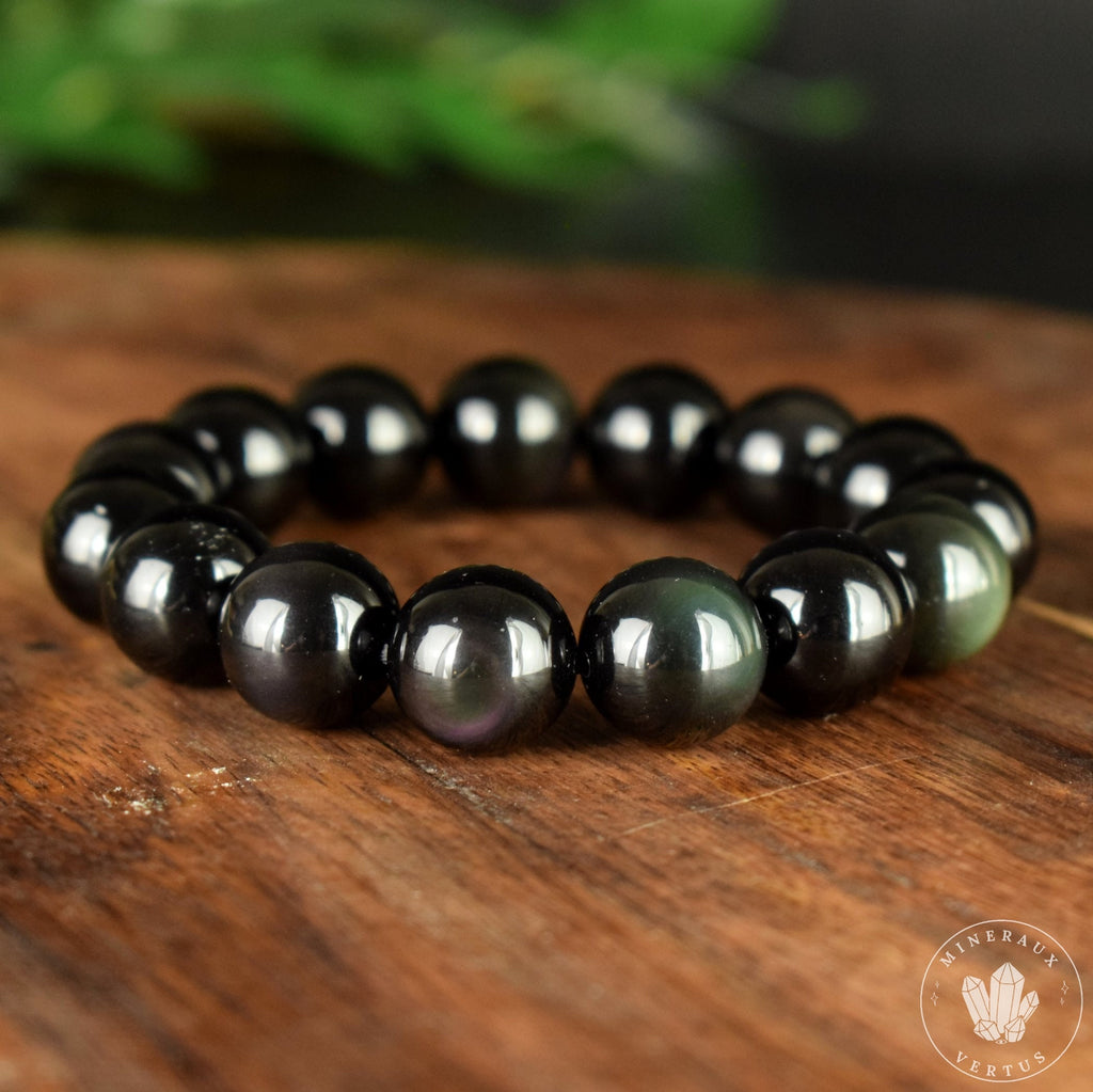 Bracelet Obsidienne Oeil Céleste 14mm perles rondes naturelles grade AAA, Clairvoyance Protection Purification