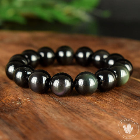 Bracelet Obsidienne Oeil Céleste 14mm perles rondes naturelles grade AAA, Clairvoyance Protection Purification