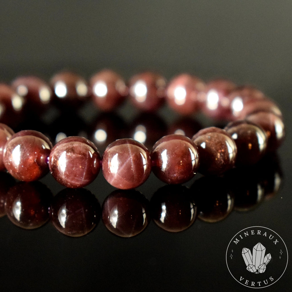Bracelet Grenat Rouge 9mm Almandin Flash étoiles AAA perles rondes - Grenat avec astérisme