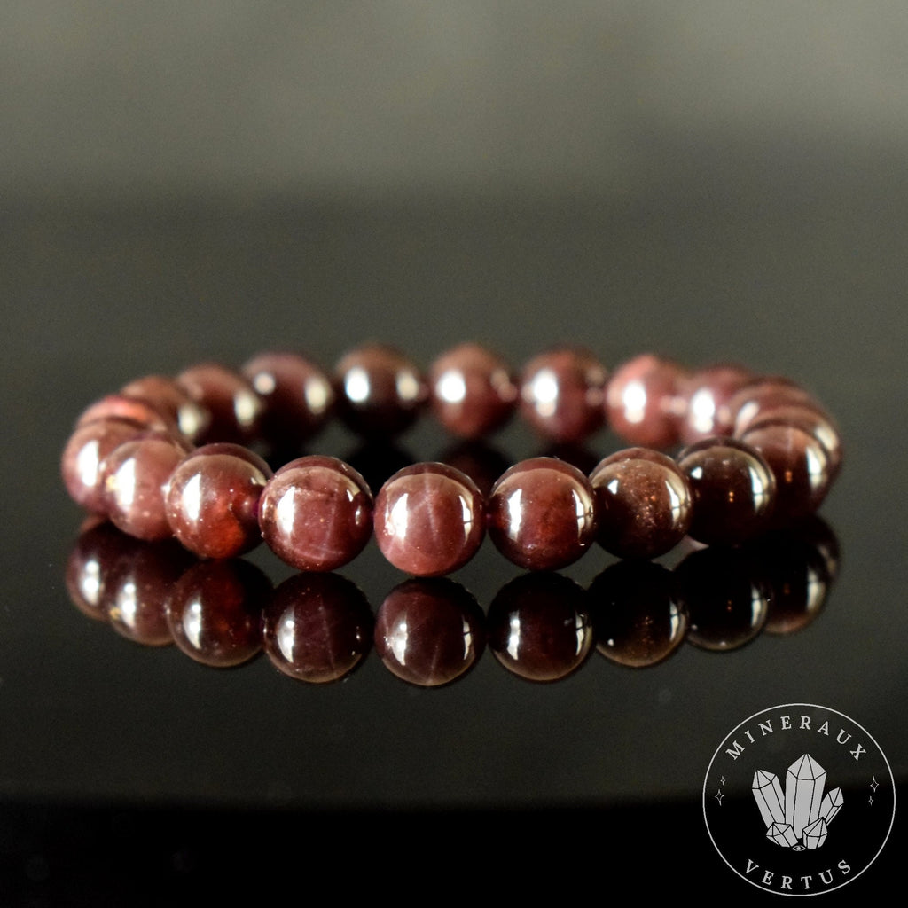 Bracelet Grenat Rouge 9mm Almandin Flash étoiles AAA perles rondes - Grenat avec astérisme