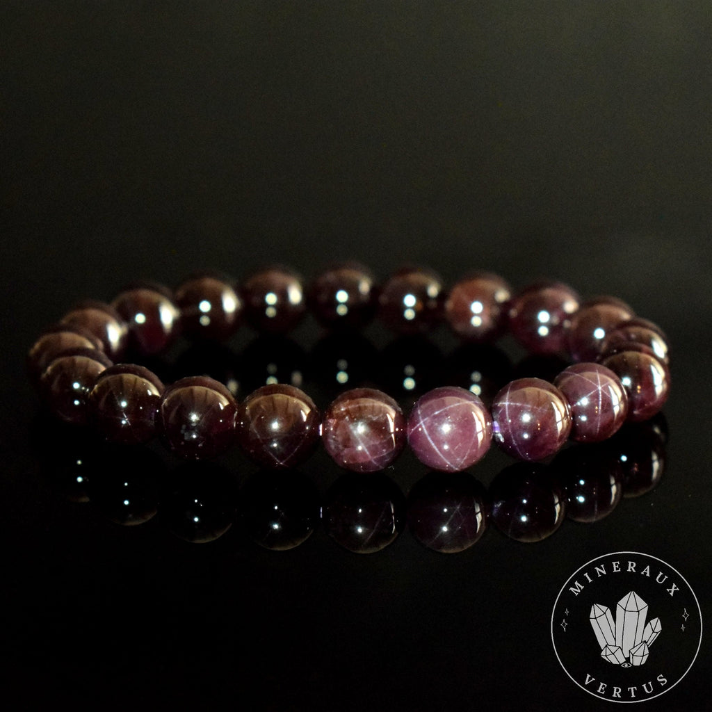 Bracelet Grenat Rouge 9mm Almandin Flash étoiles AAA perles rondes - Grenat avec astérisme
