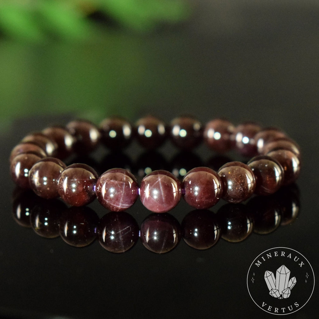 Bracelet Grenat Rouge 9mm Almandin Flash étoiles AAA perles rondes - Grenat avec astérisme