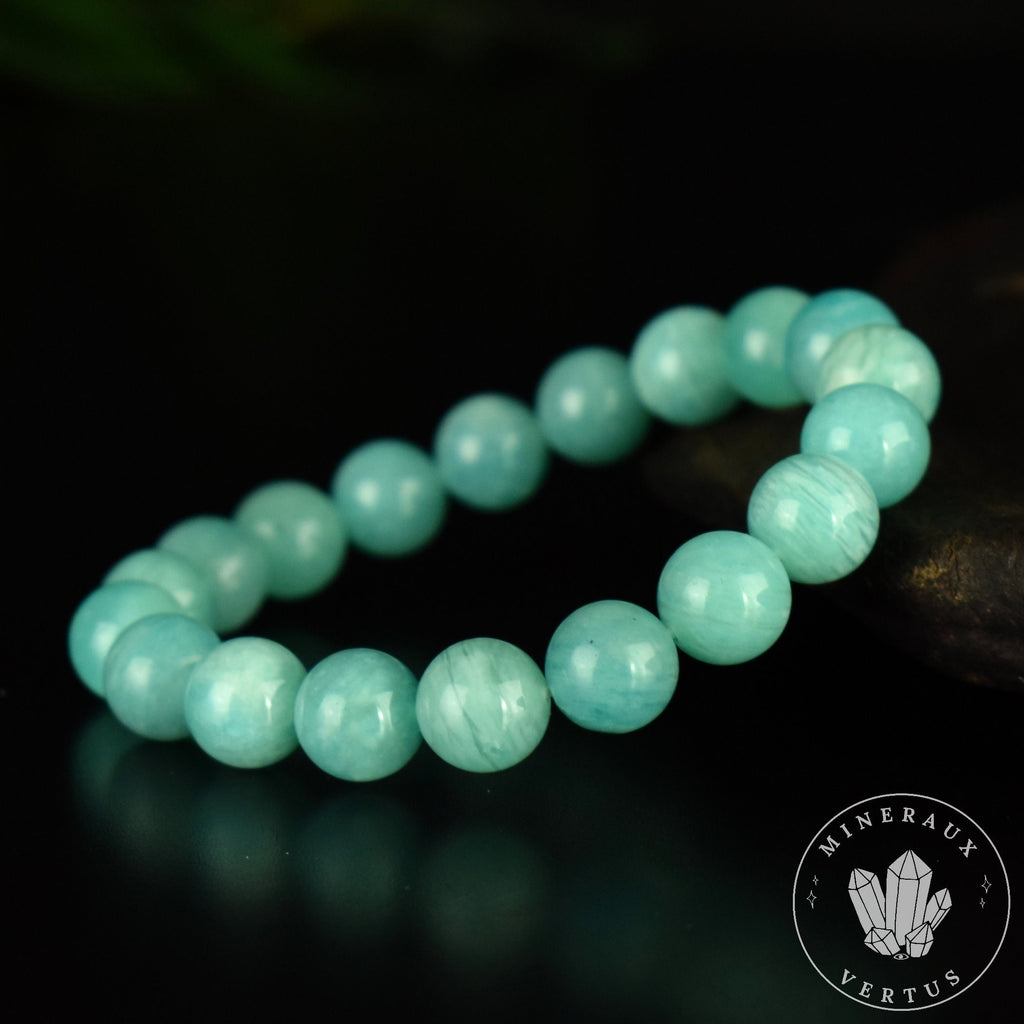 Bracelet Amazonite Bleue perles 10mm rondes du Mozambique grade AAA - Stimulation - Communication - Mémoire
