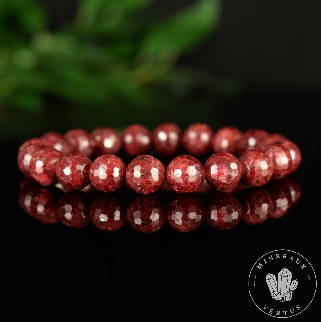 Bracelet Rubis Rouge perles 10mm naturelles rondes facettées Myanmar grade AAA