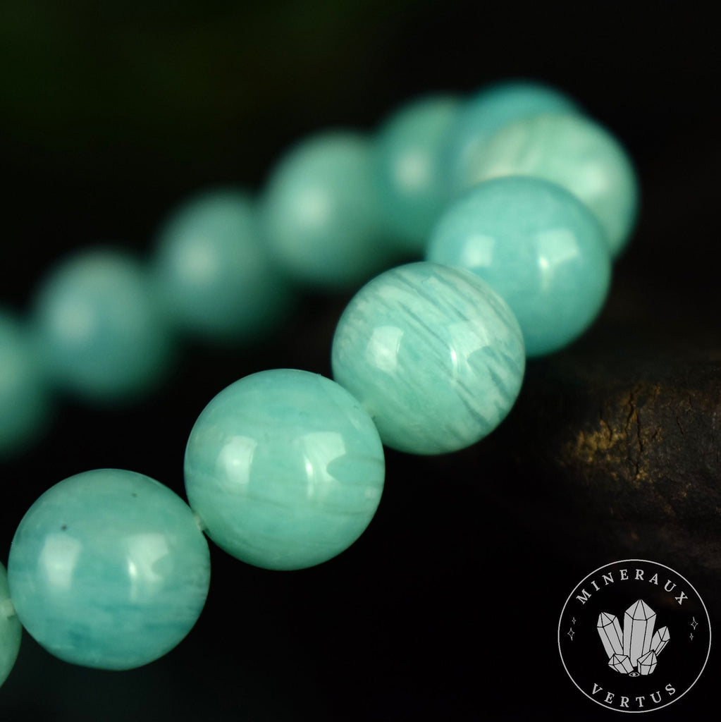 Bracelet Amazonite Bleue perles 10mm rondes du Mozambique grade AAA - Stimulation - Communication - Mémoire
