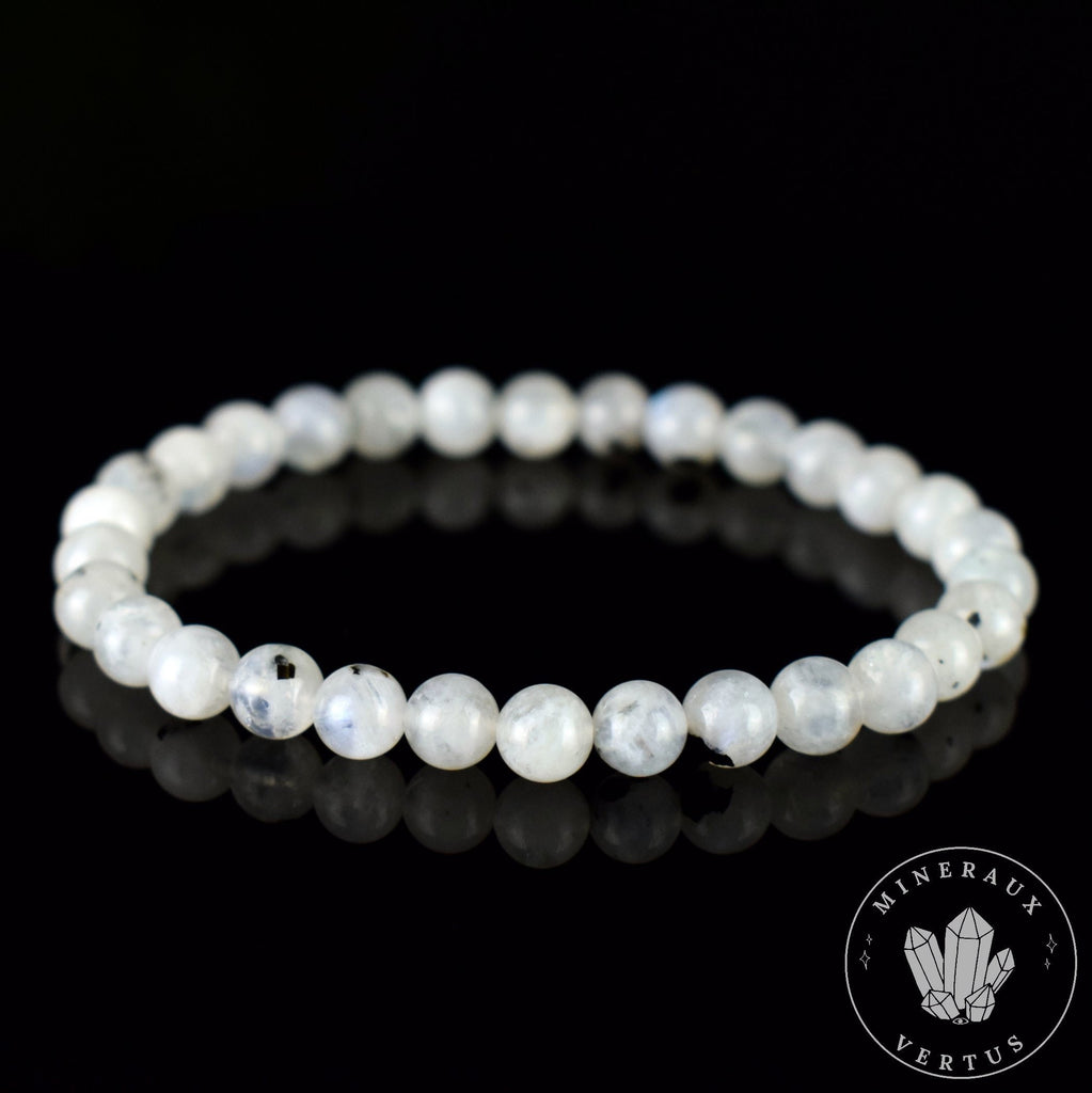 Bracelet Pierre de Lune Arc en ciel avec Tourmaline Noire perles 6mm rondes grade AA, Bracelet Labradorite Blanche Bleue Péristérite