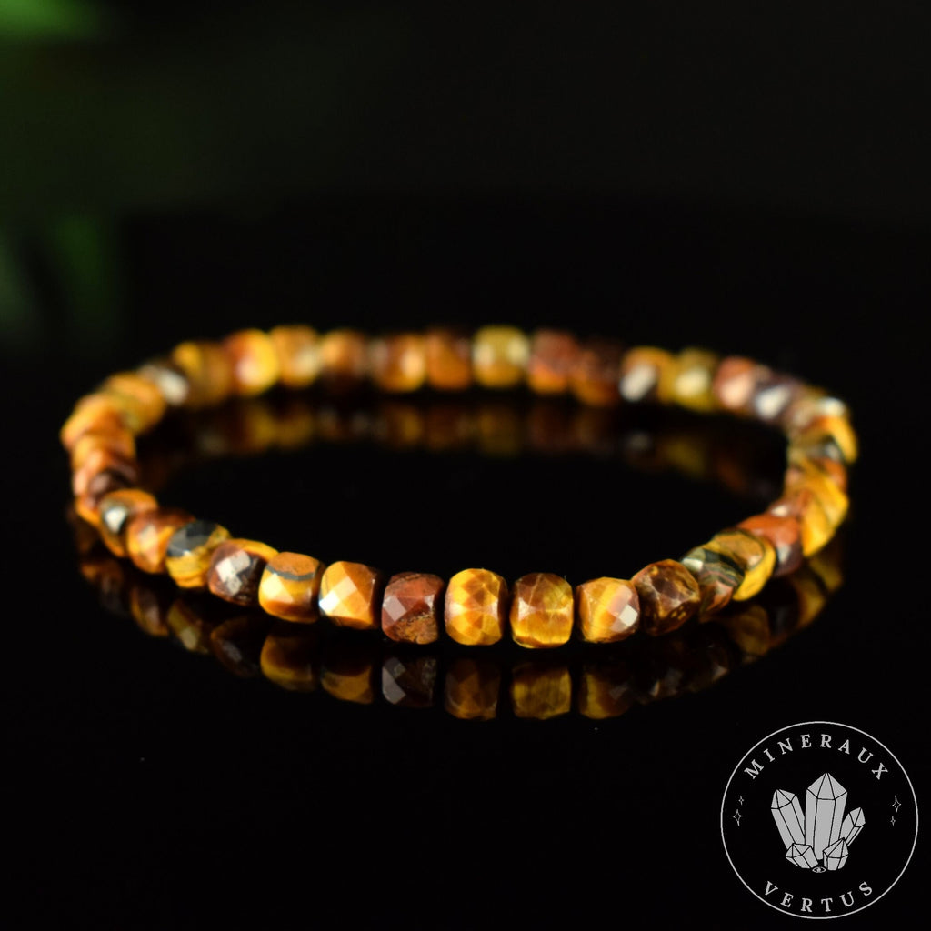 Bracelet Oeil du Tigre perles 4.5mm carrées facettées AAA - Protection - Esprit pratique - Sociabilité - Réalisme
