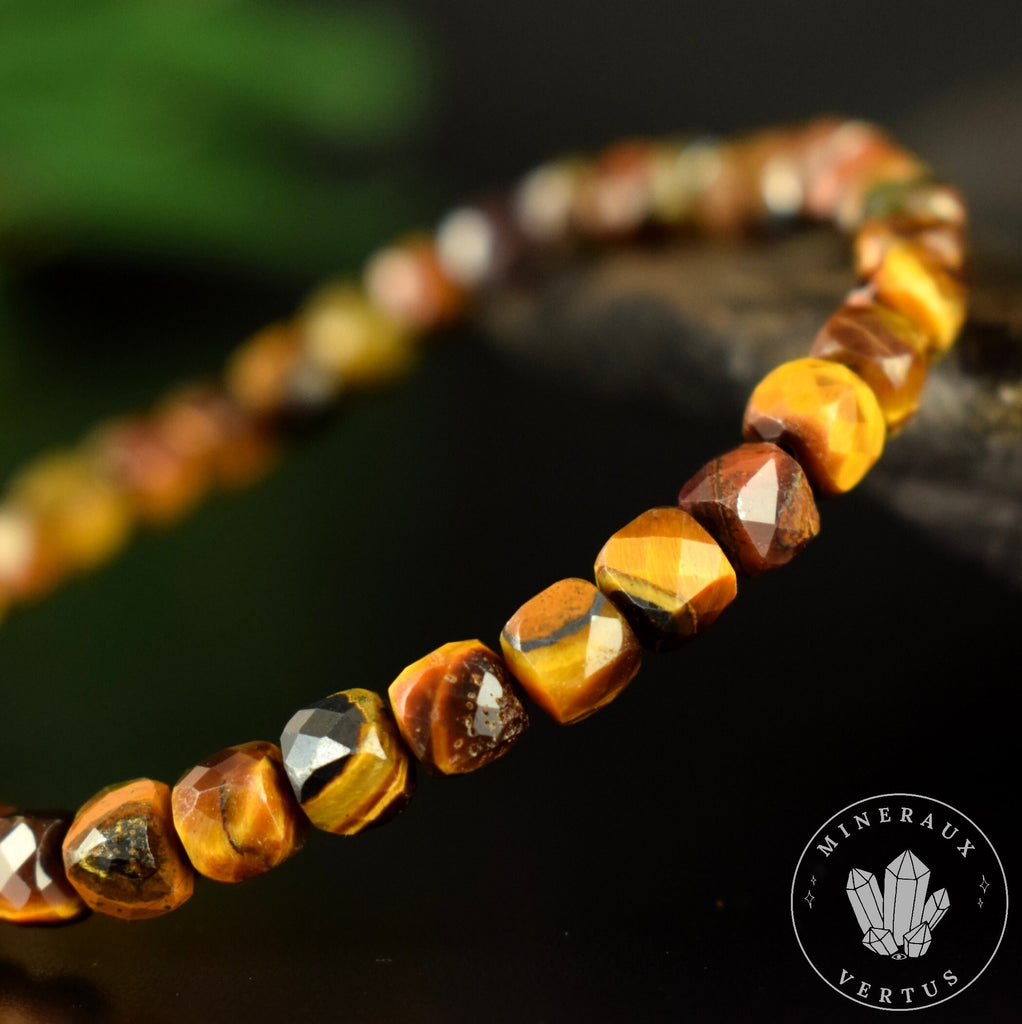Bracelet Oeil du Tigre perles 4.5mm carrées facettées AAA - Protection - Esprit pratique - Sociabilité - Réalisme