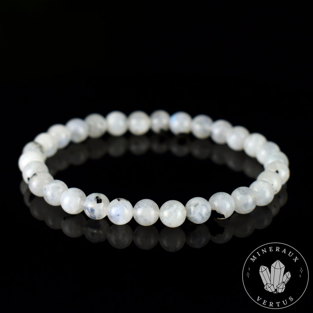 Bracelet Pierre de Lune Arc en ciel avec Tourmaline Noire perles 6mm rondes grade AA, Bracelet Labradorite Blanche Bleue Péristérite