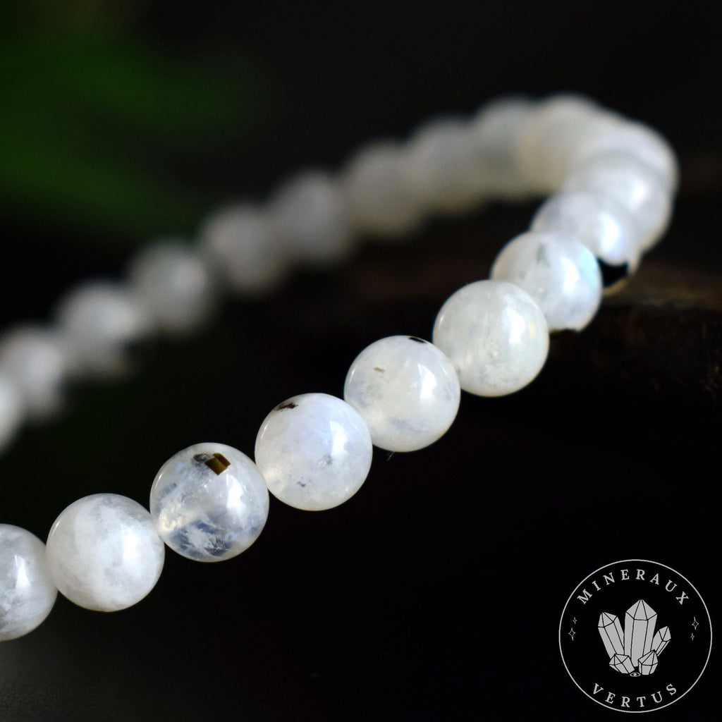 Bracelet Pierre de Lune Arc en ciel avec Tourmaline Noire perles 6mm rondes grade AA, Bracelet Labradorite Blanche Bleue Péristérite