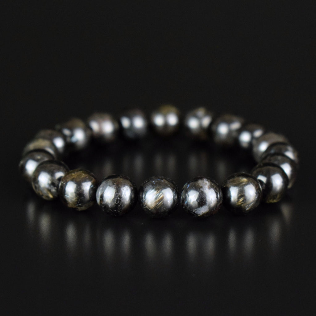 Bracelet Arfvedsonite perles 10mm rondes naturelles, Drainage Circulation Stimulation