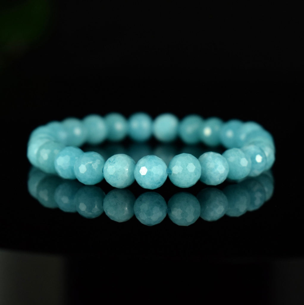 Bracelet Amazonite Bleue Glacée AAA perles 8mm rondes facettées - Amazonite de Glace , vertus de Stimulation - Communication - Mémoire