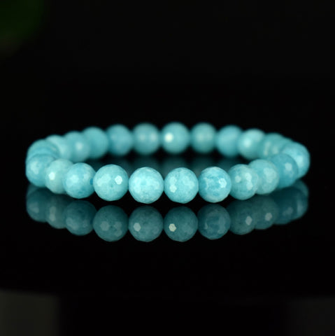 Bracelet Amazonite Bleue Glacée AAA perles 8mm rondes facettées - Amazonite de Glace , vertus de Stimulation - Communication - Mémoire
