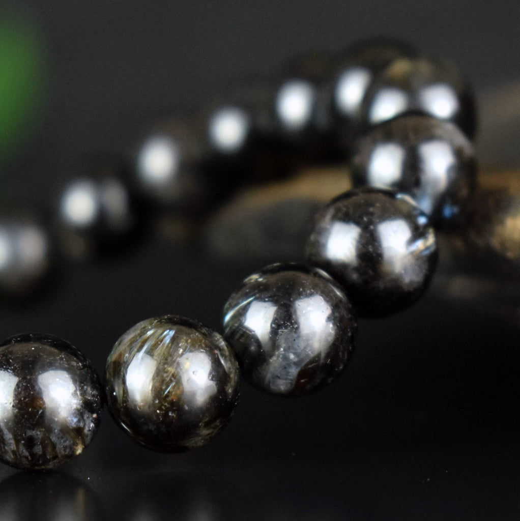 Bracelet Arfvedsonite perles 10mm rondes naturelles, Drainage Circulation Stimulation
