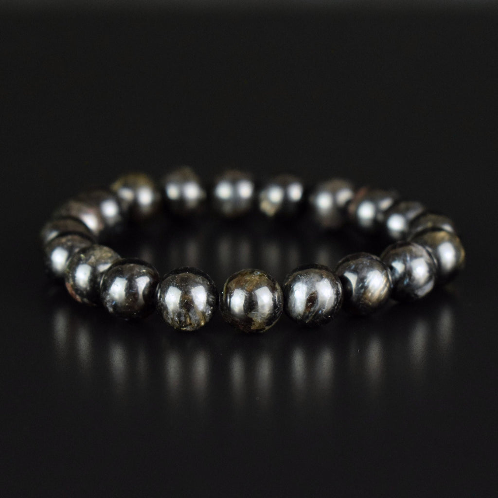 Bracelet Arfvedsonite perles 10mm rondes naturelles, Drainage Circulation Stimulation
