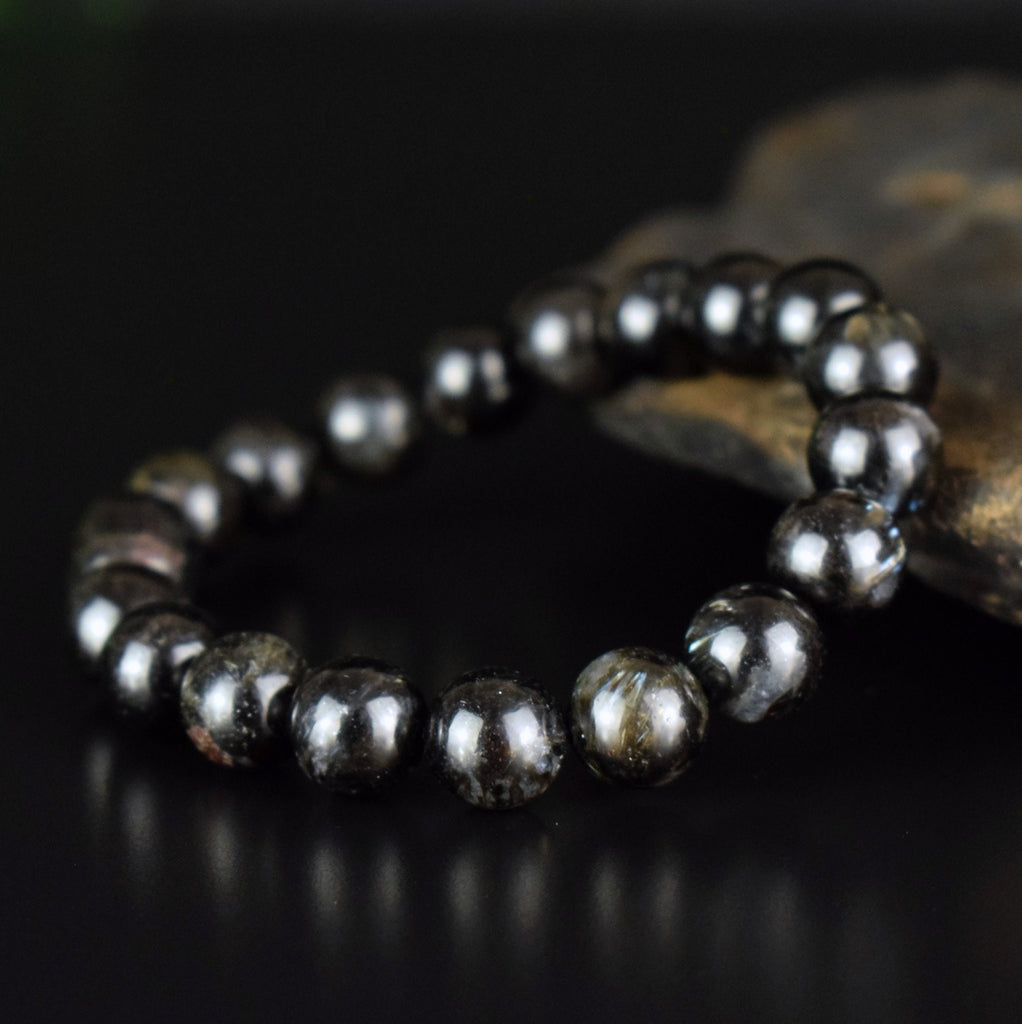 Bracelet Arfvedsonite perles 10mm rondes naturelles, Drainage Circulation Stimulation