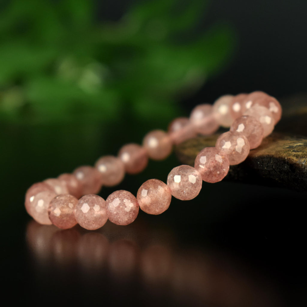Bracelet Quartz Fraise de Madagascar perles 8mm rondes facettées AAA - Quartz à Hématite Lepidocrocite