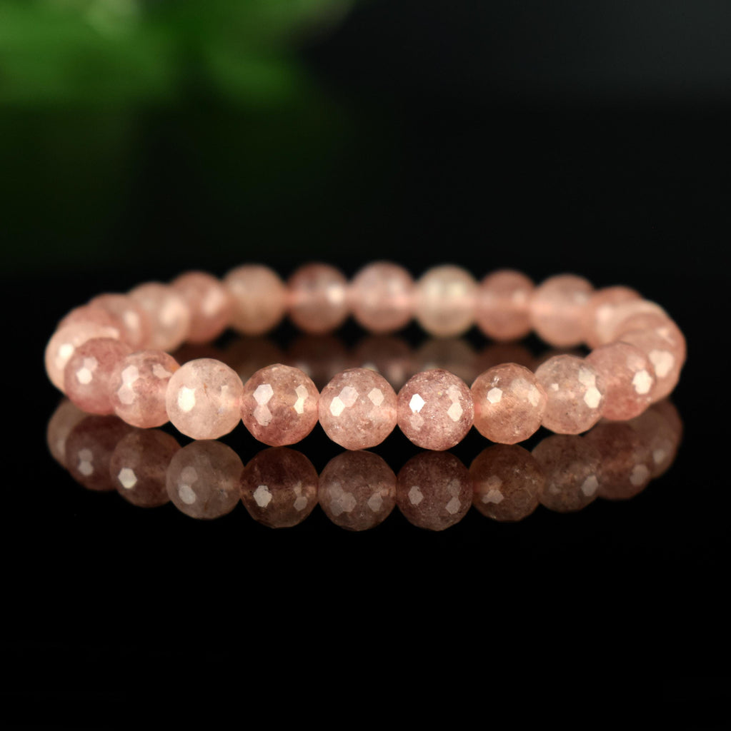 Bracelet Quartz Fraise de Madagascar perles 8mm rondes facettées AAA - Quartz à Hématite Lepidocrocite