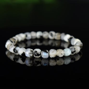 Bracelet Pierre de Lune Péristérite avec Tourmaline noire 6mm, perles carrées facettées qualité simple