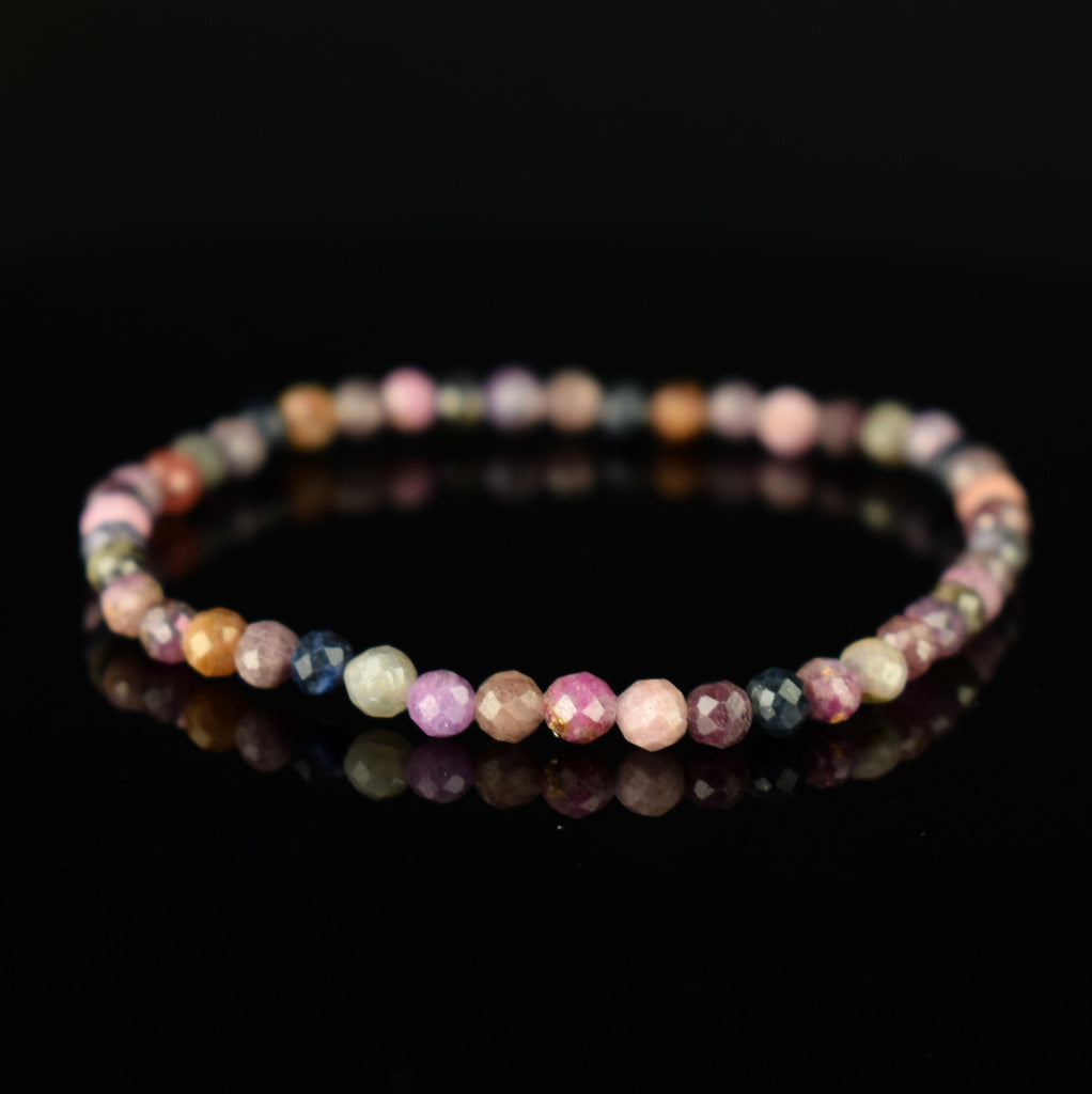 Bracelet Saphir Multicolore 4mm perles rondes facettées naturelles - Pensée positive - Entretien - Stabilité