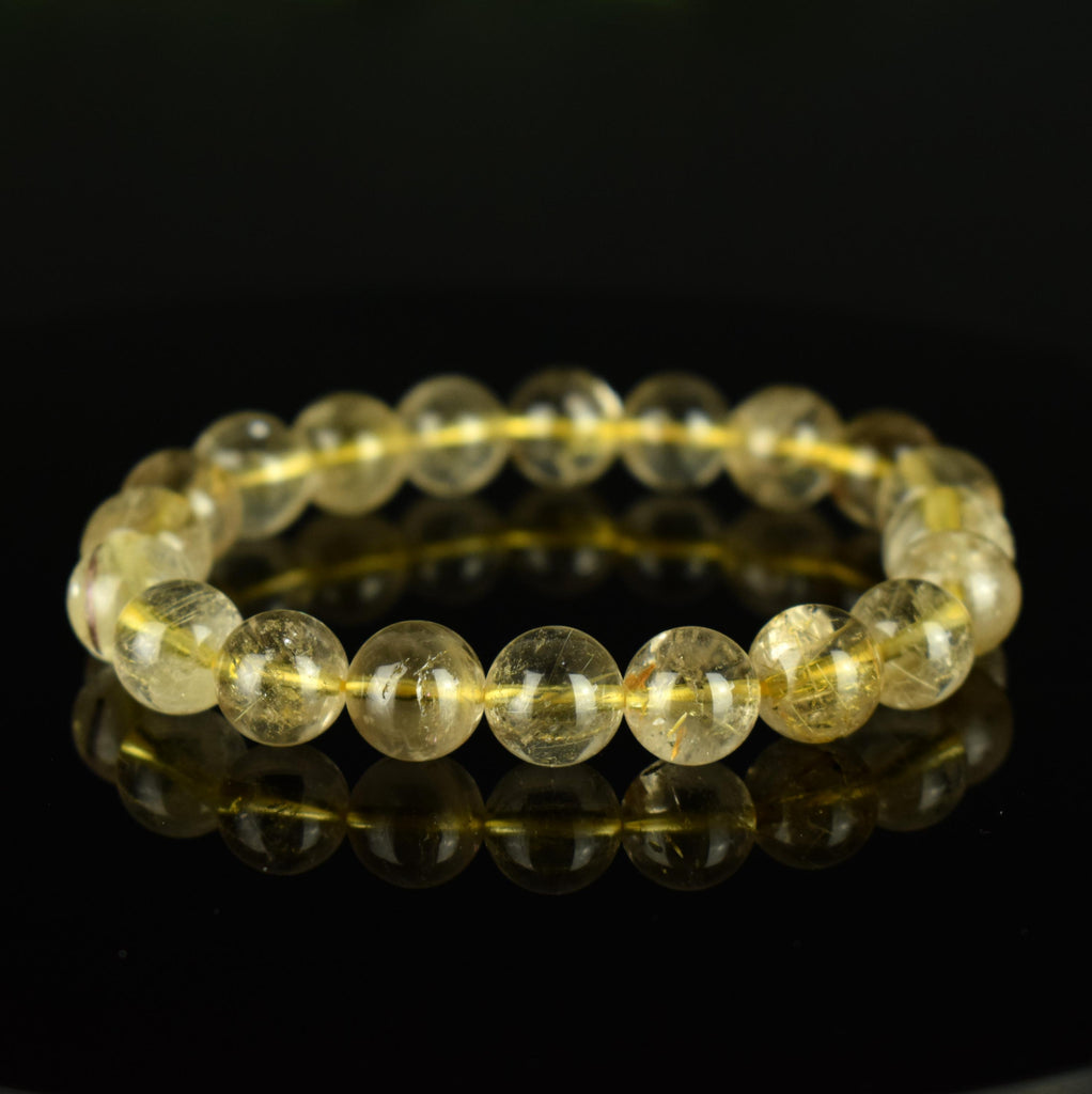 Bracelet Quartz Rutile doré 10mm perles rondes AAA