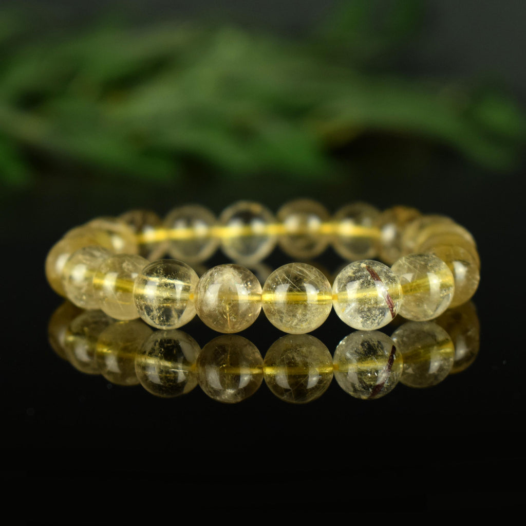 Bracelet Quartz Rutile doré 10mm perles rondes AAA