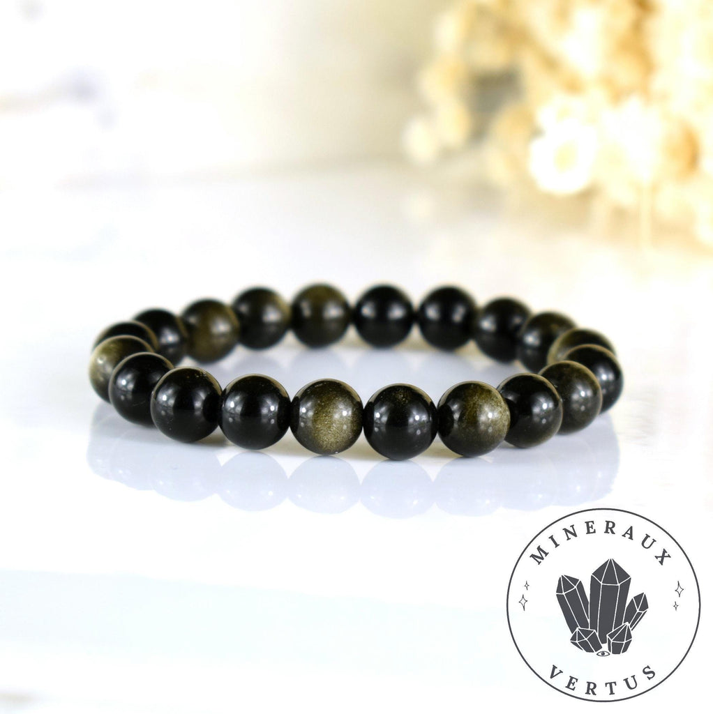 Bracelet Obsidienne dorée iridescente AAA perles rondes 10mm