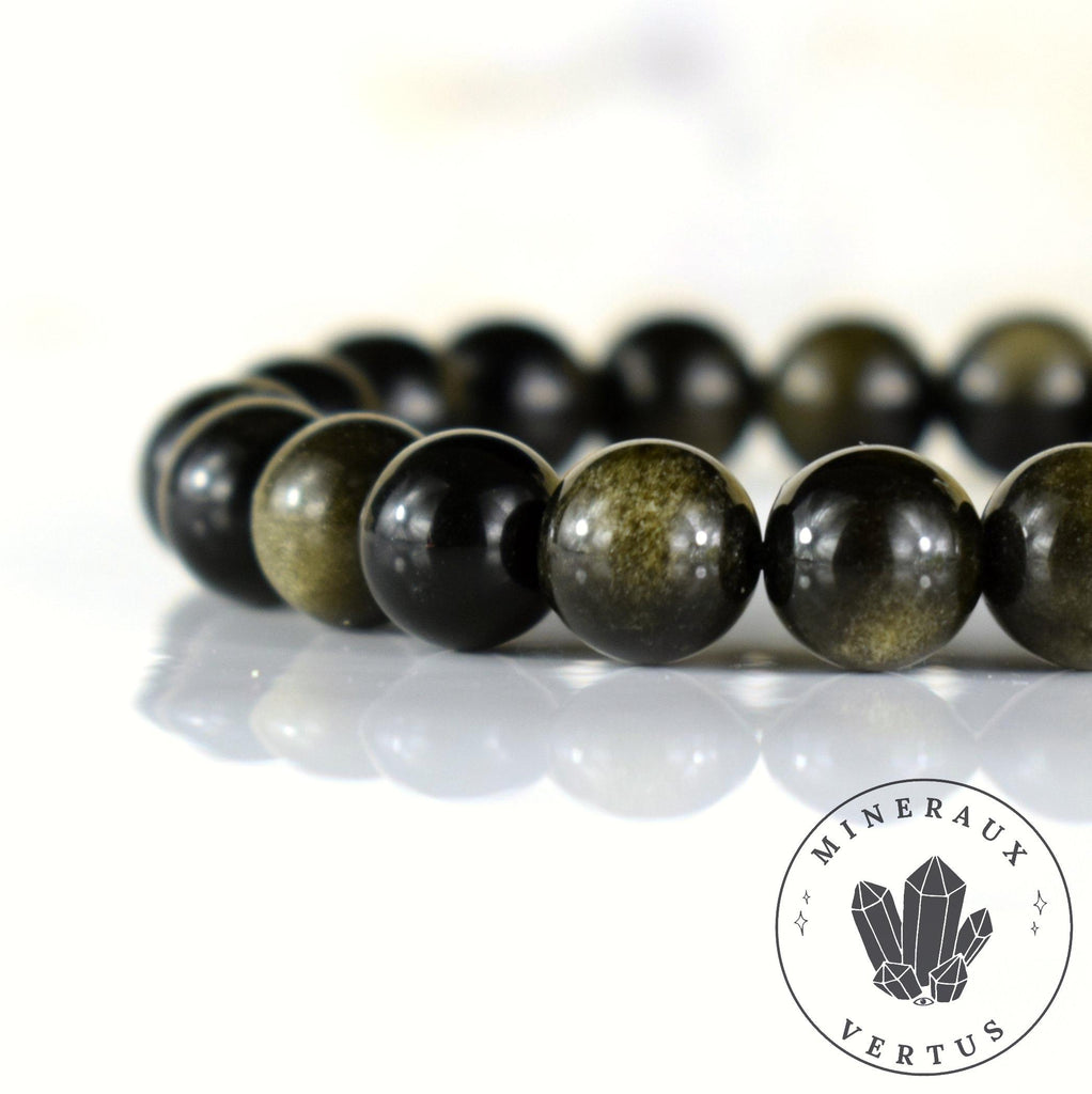 Bracelet Obsidienne dorée iridescente AAA perles rondes 10mm
