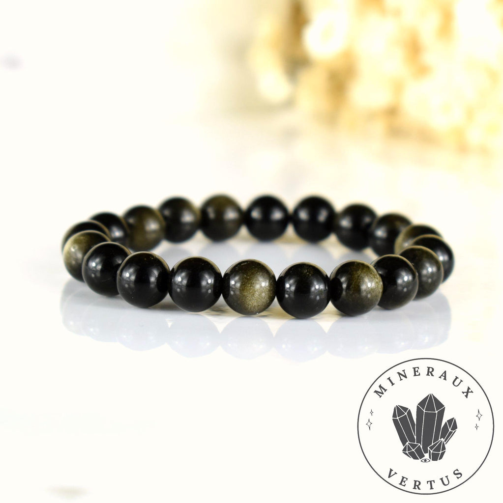 Bracelet Obsidienne dorée iridescente AAA perles rondes 10mm