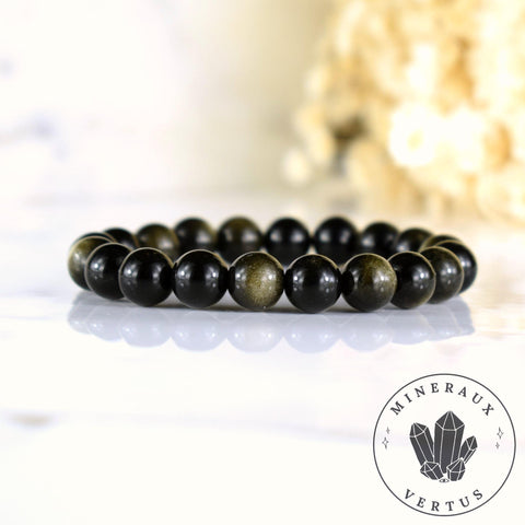 Bracelet Obsidienne dorée iridescente AAA perles rondes 10mm