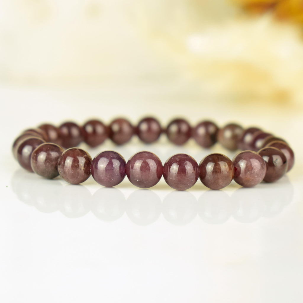 Bracelet Rubis étoilé non traité perles rondes 8mm du Mozambique - Pensée positive - Entretien - Stabilité