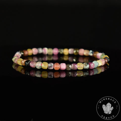 Bracelet Tourmaline Multicolore couleurs vives AA perles carrées facettées 4mm