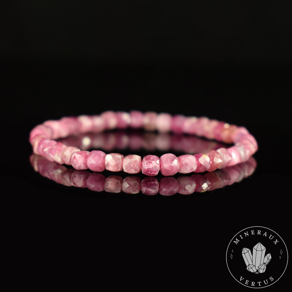 Bracelet Tourmaline Rose Rubellite AA perles carrées facettées 4mm