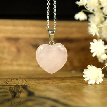 AMOUR Quartz Rose AA pendentif cœur 20mm 0.78in - Chaine argentée 50cm