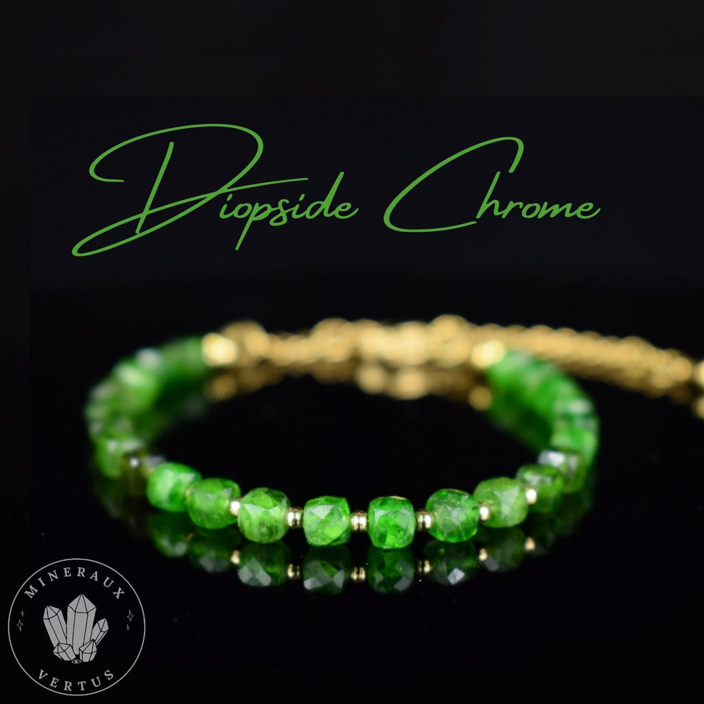 Bracelet Chrome Diopside de Russie AAA cubes à facettes 4mm chaine Or - Révélation - Croissance - Renouvellement